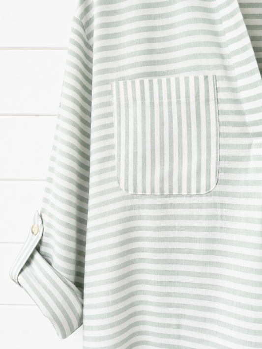White Stripe Beach Cover Up Shirt – Collared Long Sleeve Button Down
