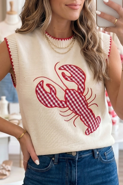 Lobster Sweater Vest – Gingham Embroidered Sleeveless Knit Top