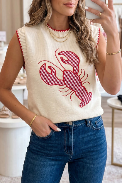 Lobster Sweater Vest – Gingham Embroidered Sleeveless Knit Top