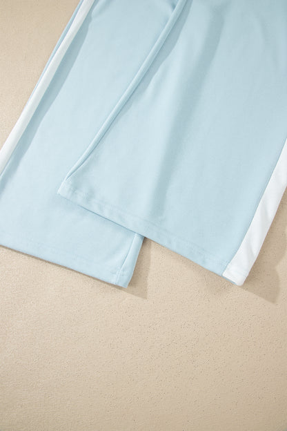 Mist Blue Contrast Trim Two Piece Pant Set – Sleeveless Wide Leg Lounge Outfit
