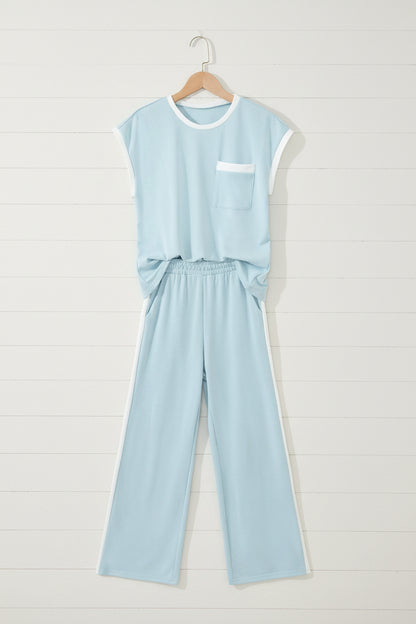 Mist Blue Contrast Trim Two Piece Pant Set – Sleeveless Wide Leg Lounge Outfit