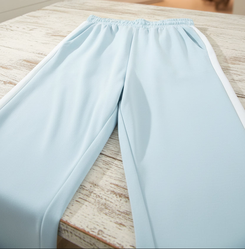Mist Blue Contrast Trim Two Piece Pant Set – Sleeveless Wide Leg Lounge Outfit