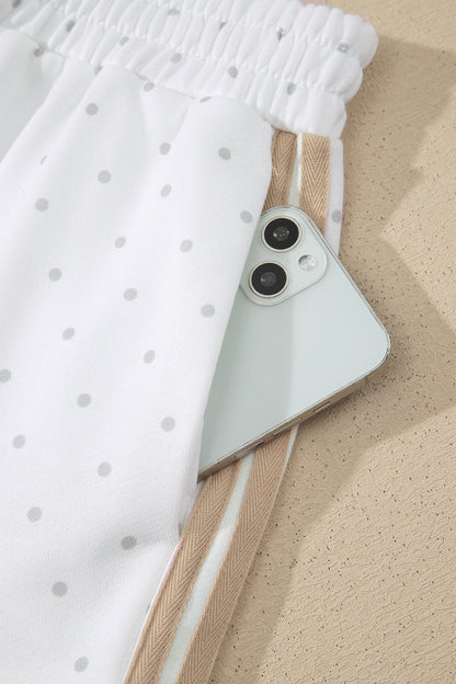 White Polka Dot Two Piece Short Set – Patchwork Sleeve Lounge Outfit