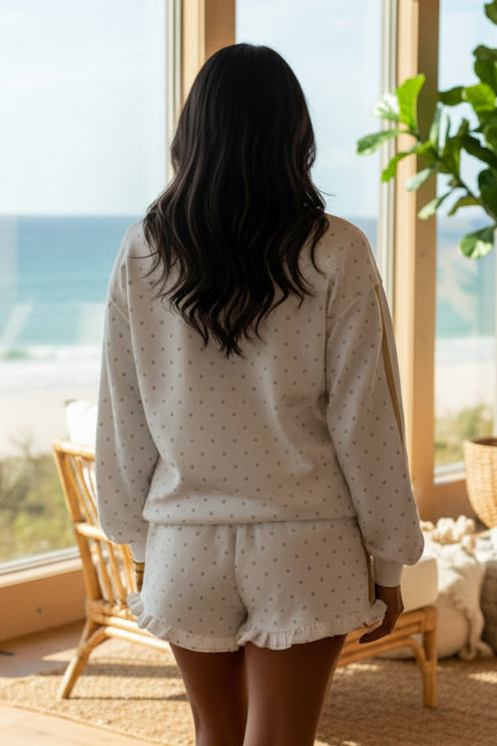 White Polka Dot Two Piece Short Set – Patchwork Sleeve Lounge Outfit