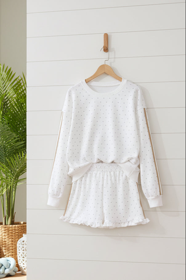 White Polka Dot Two Piece Short Set – Patchwork Sleeve Lounge Outfit