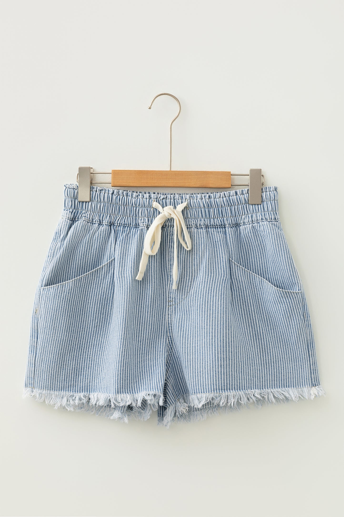 Sky Blue Striped Denim Shorts – High Waist Drawstring Raw Hem