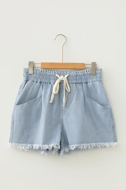 Sky Blue Striped Denim Shorts – High Waist Drawstring Raw Hem