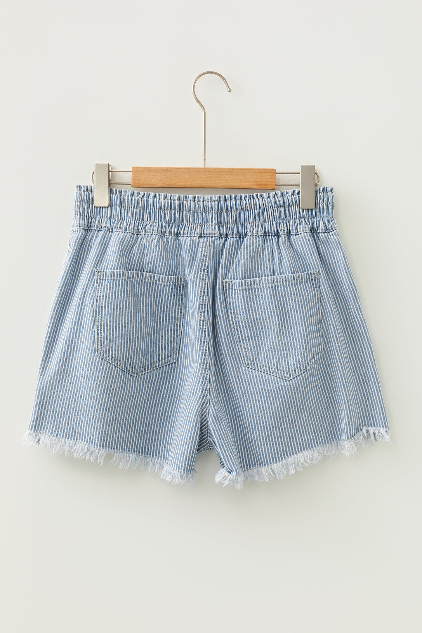 Sky Blue Striped Denim Shorts – High Waist Drawstring Raw Hem