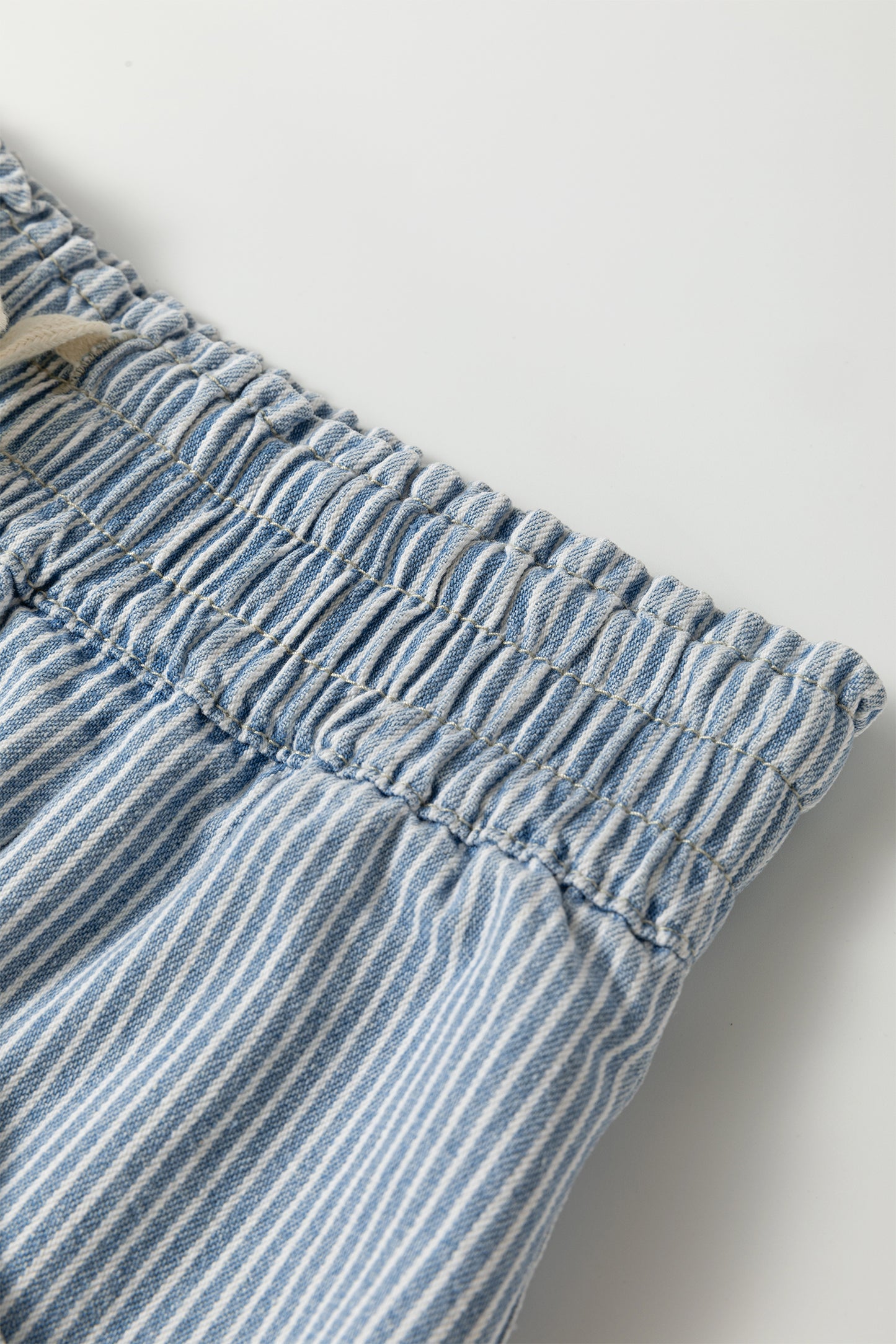 Sky Blue Striped Denim Shorts – High Waist Drawstring Raw Hem