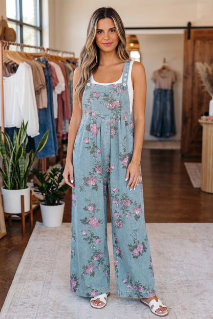 Beau Blue Floral Denim Overalls – Vintage Pleated Jumpsuit