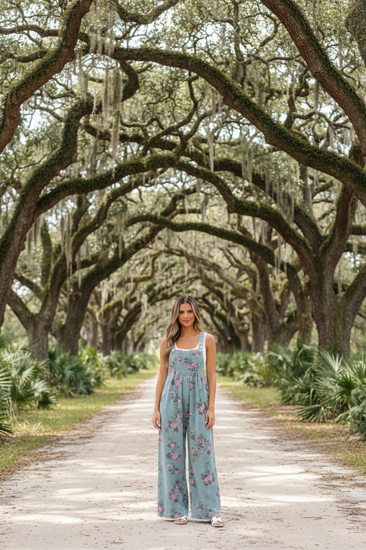 Beau Blue Floral Denim Overalls – Vintage Pleated Jumpsuit