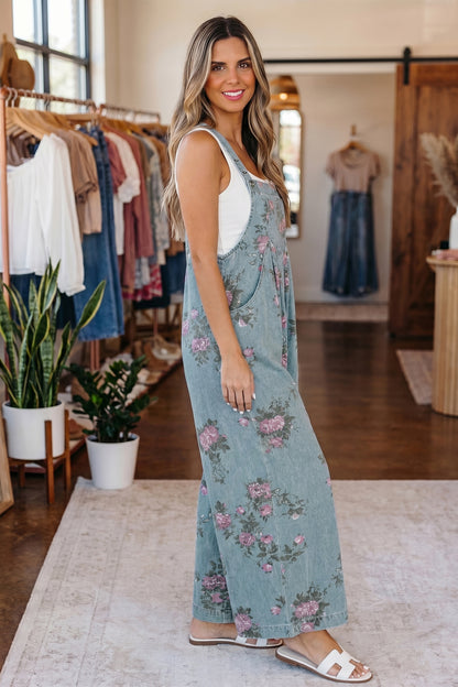 Beau Blue Floral Denim Overalls – Vintage Pleated Jumpsuit