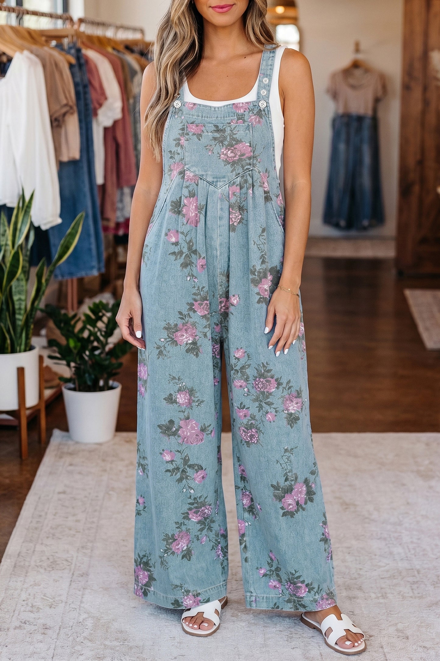 Beau Blue Floral Denim Overalls – Vintage Pleated Jumpsuit