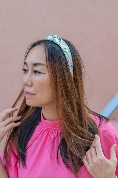 The Tiny Tassel Headband in Green Charleston Toile Print