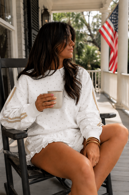 White Polka Dot Two Piece Short Set – Patchwork Sleeve Lounge Outfit
