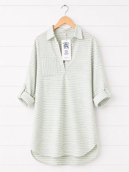 White Stripe Beach Cover Up Shirt – Collared Long Sleeve Button Down