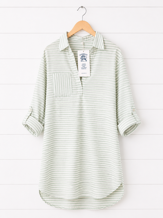 White Stripe Beach Cover Up Shirt – Collared Long Sleeve Button Down