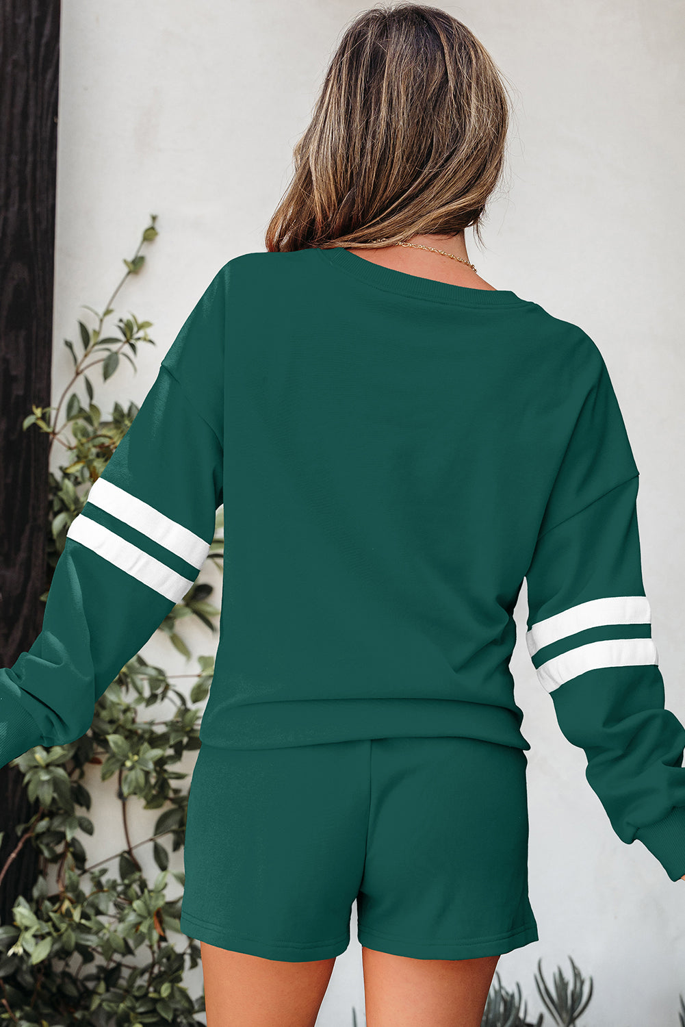 Varsity Two Piece Short Set – Drop Shoulder Pullover Lounge Set