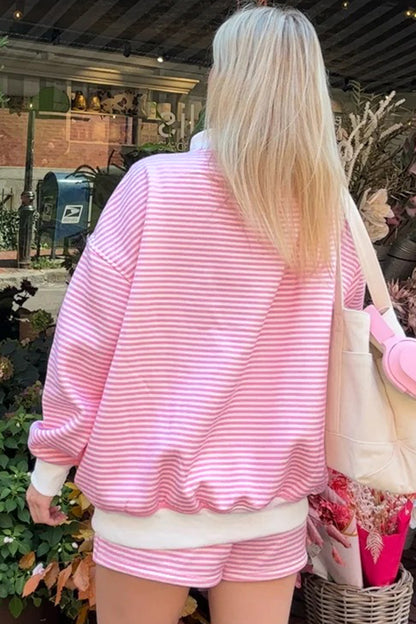 Pink Stripe Colorblock Two Piece Short Set – Oversized Mock Neck Lounge Set