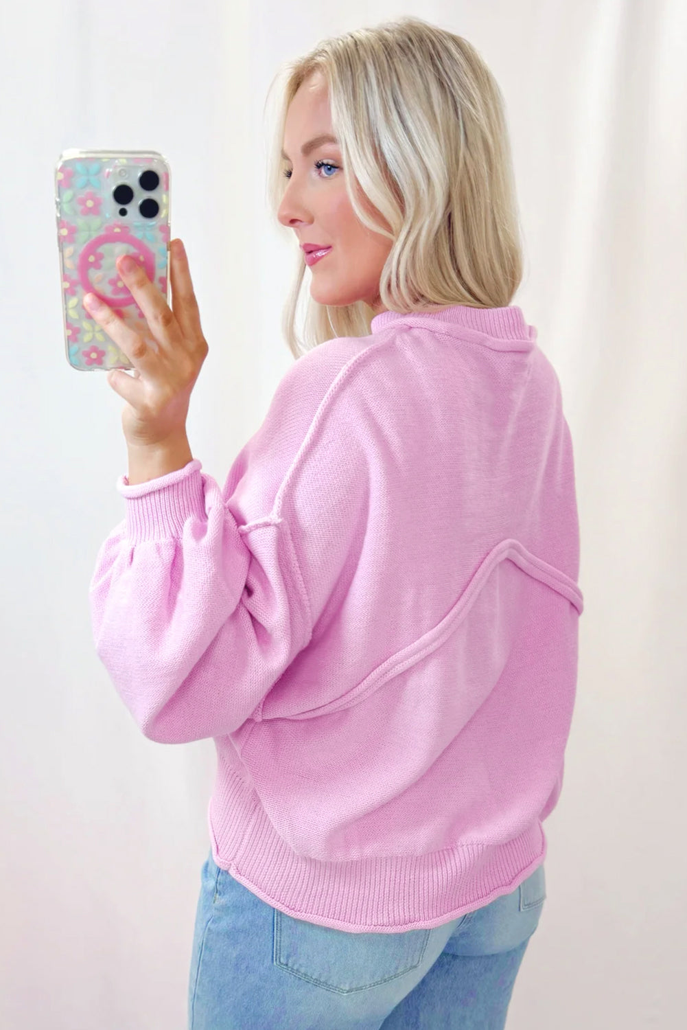 Pink Mock Neck Sweater – Relaxed Fit Balloon Sleeve Knit