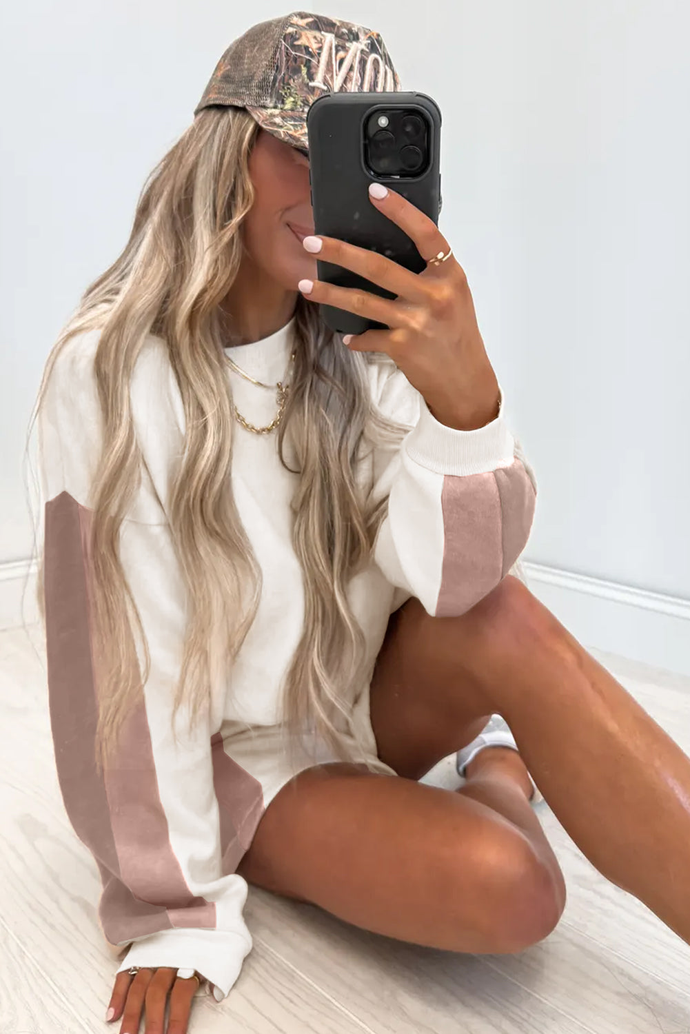 White Patchwork Two Piece Short Set – Oversized Pullover Lounge Set