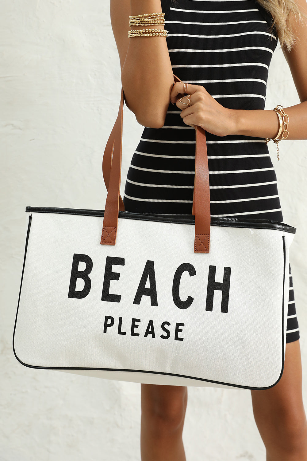 “Beach Please” Oversized Canvas Tote Bag – White Beach Bag