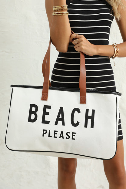 “Beach Please” Oversized Canvas Tote Bag – White Beach Bag