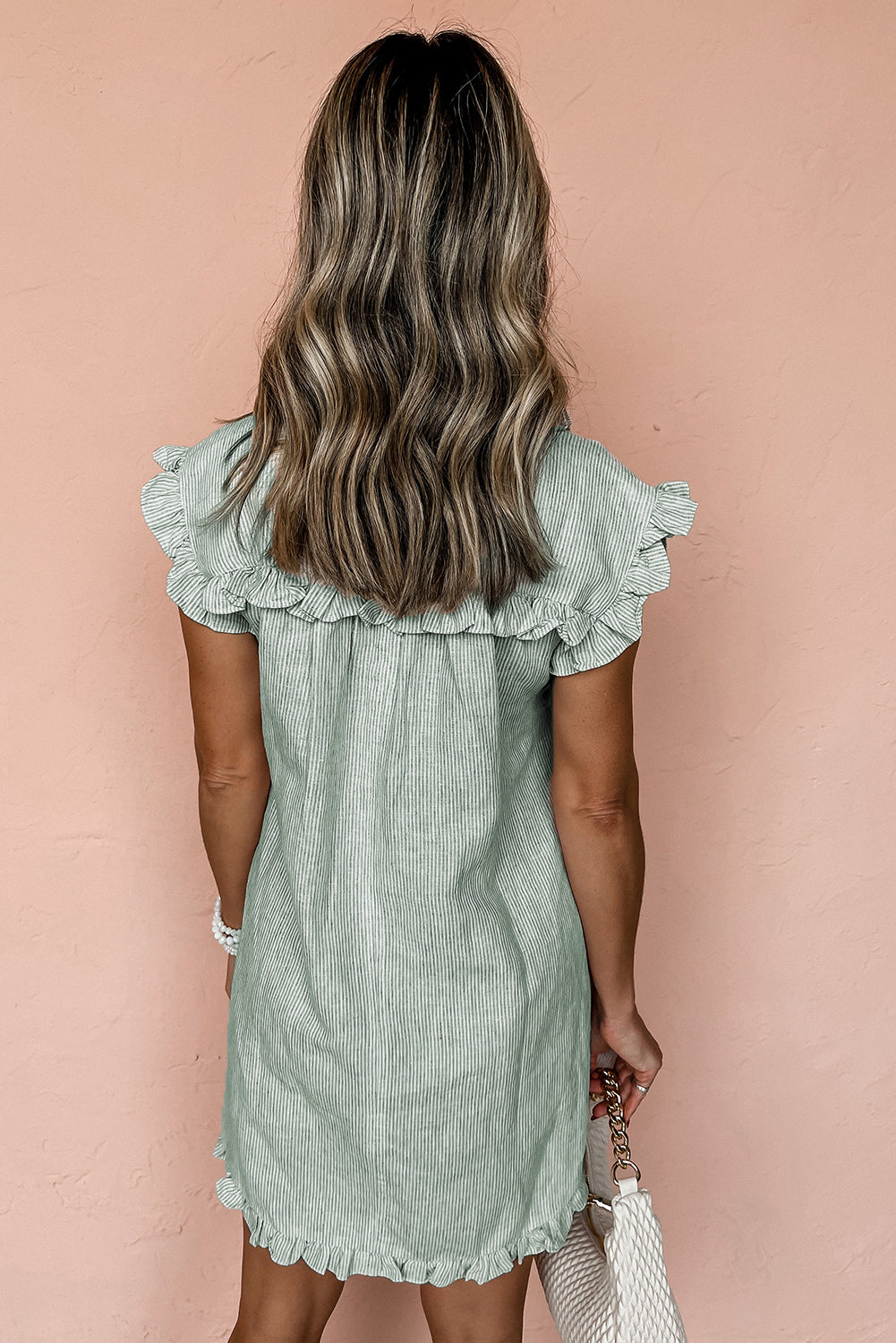 Green Stripe Button Mini Shirt Dress – Frill Detail Casual Cotton Dress