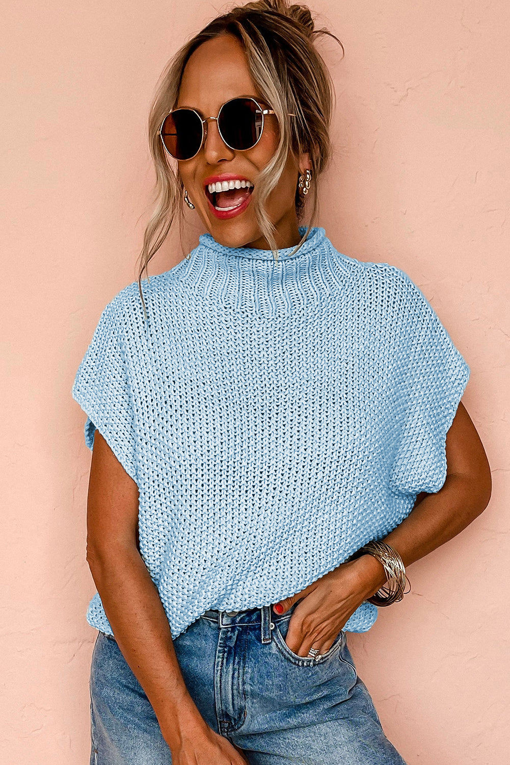 Iceland Blue High Neck Sweater Vest – Textured Batwing Knit Top