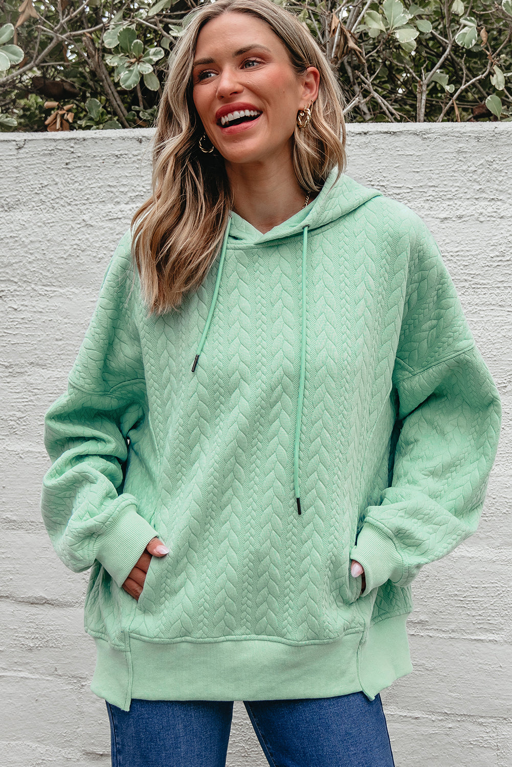 Moonlight Jade Cable Textured Hoodie – Oversized Cozy Sweatshirt