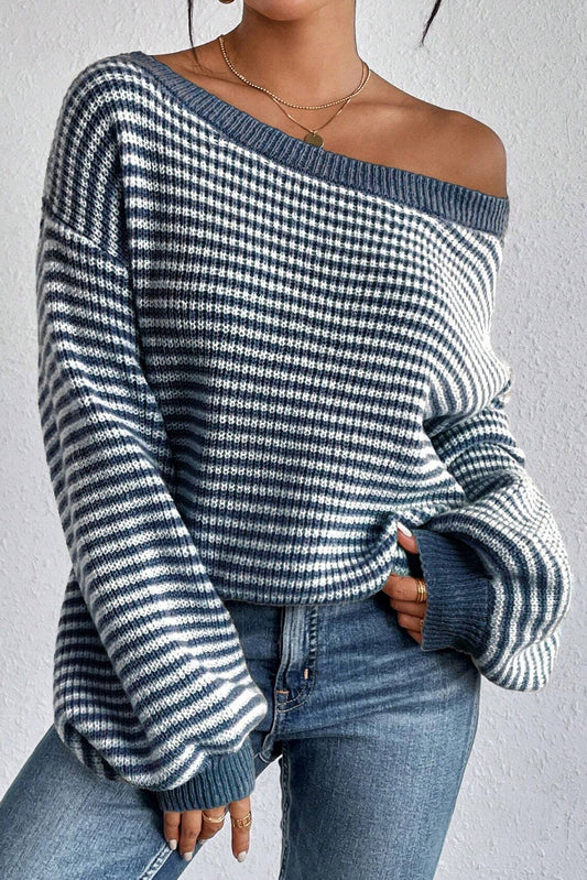 Sail Blue Striped Lantern Sleeve Sweater