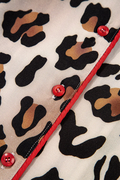 Khaki Leopard Print Colorblock Striped Edge Shirt and Pants Pajama Set