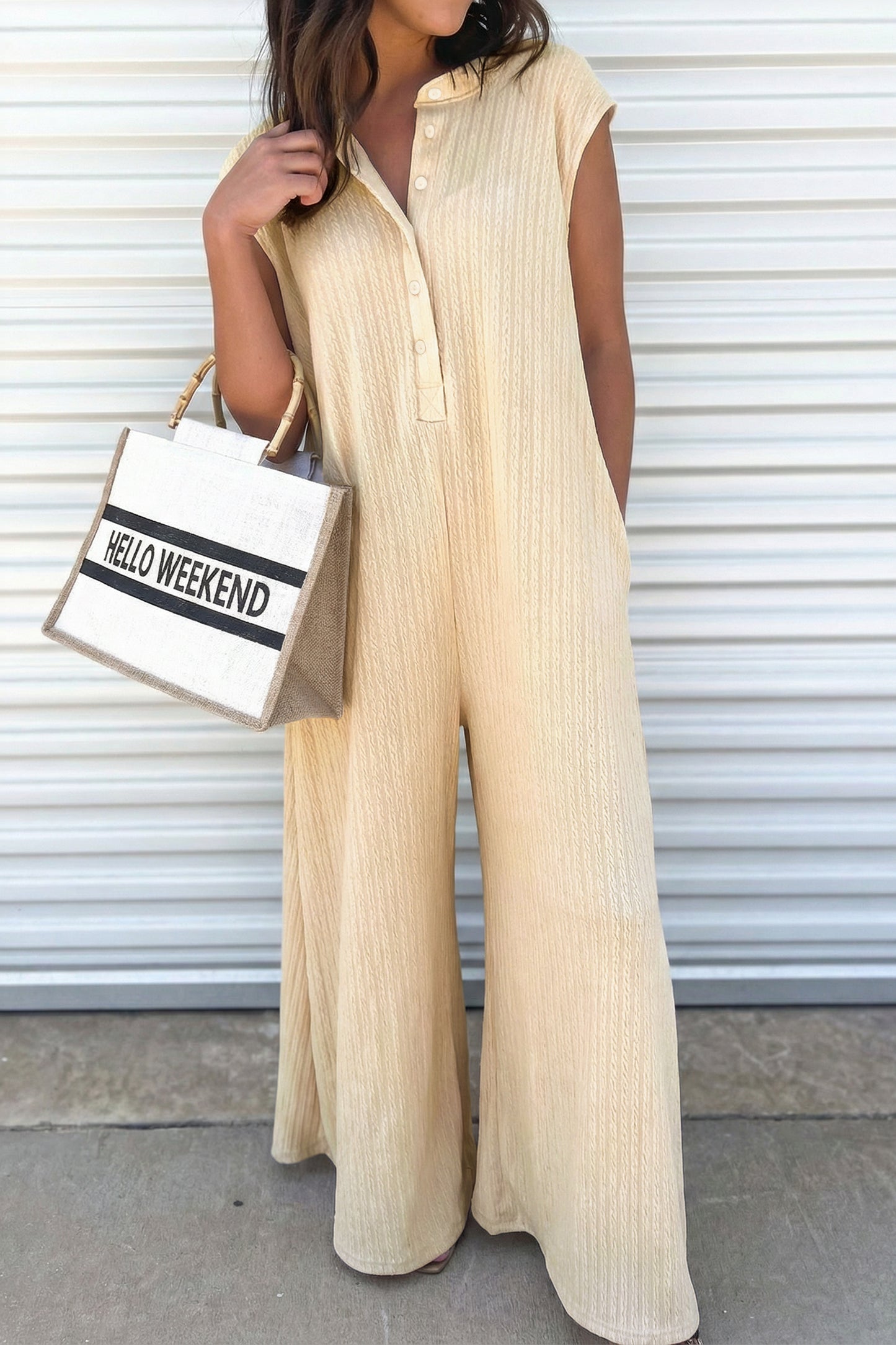 Jet Stream Ribbed Knit Jumpsuit – Sleeveless Wide Leg Button Front