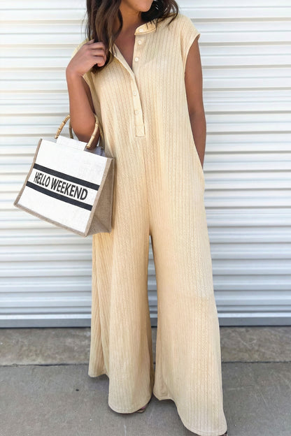 Jet Stream Ribbed Knit Jumpsuit – Sleeveless Wide Leg Button Front