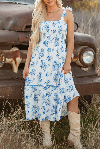 Sky Blue Floral Maxi Dress – Shirred Bodice Sleeveless Summer Dress