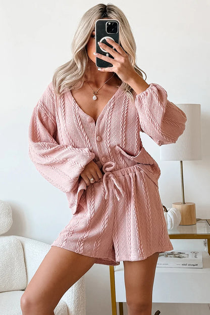 Gossamer Pink Button Cardigan Two Piece Short Set – Cable Knit Lounge Set