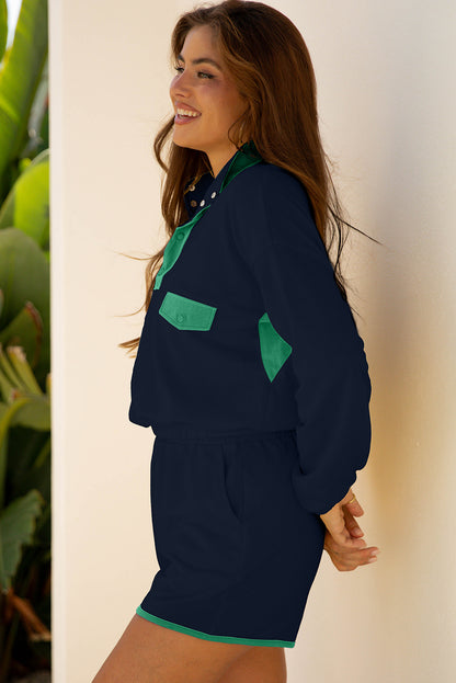 Navy Colorblock Pullover + Shorts Set 2pcs Outfit