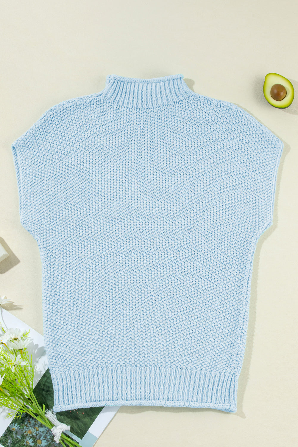Iceland Blue High Neck Sweater Vest – Textured Batwing Knit Top