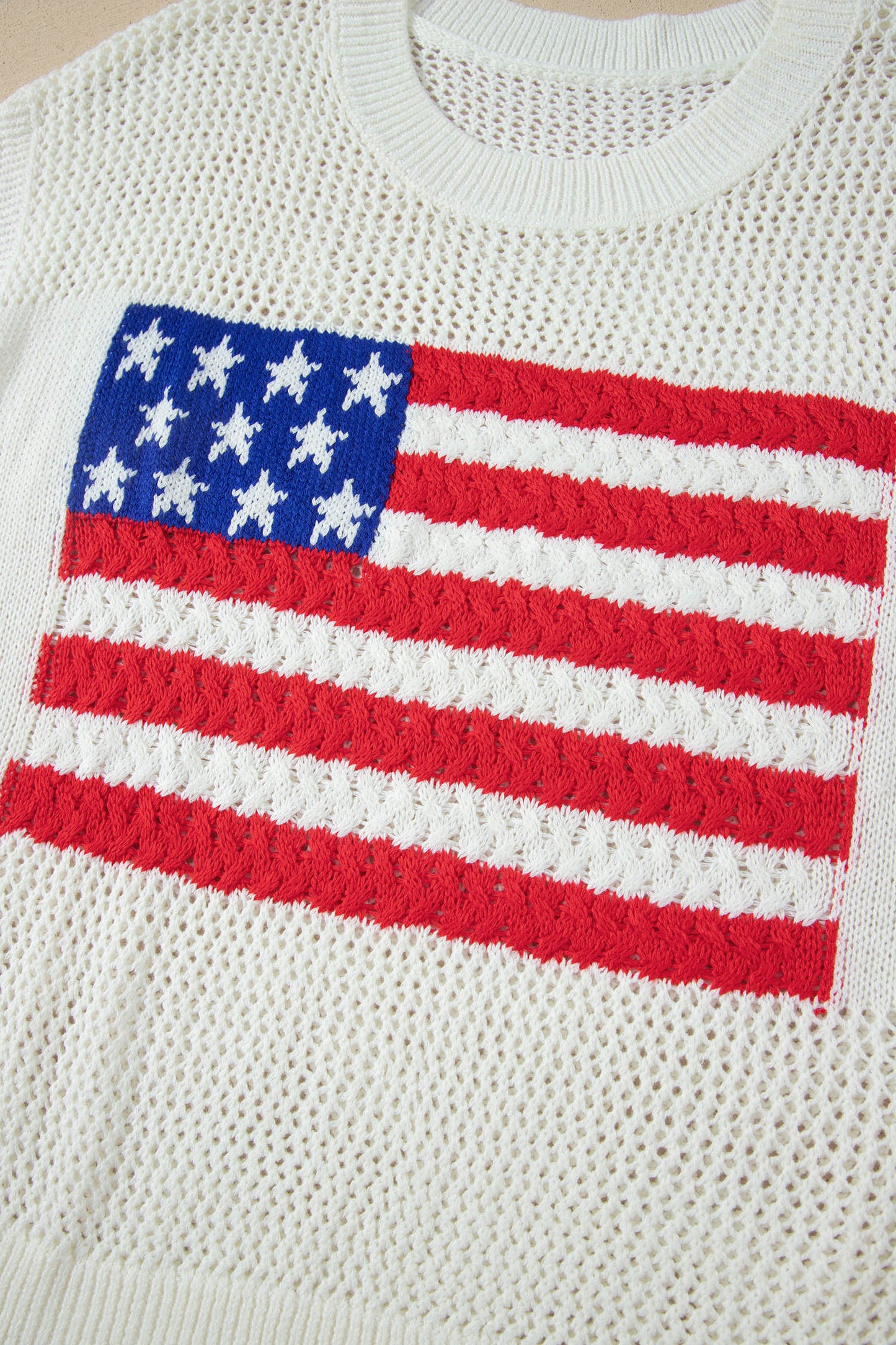 Sky Blue American Flag Knit Top – Short Sleeve Loose Sweater