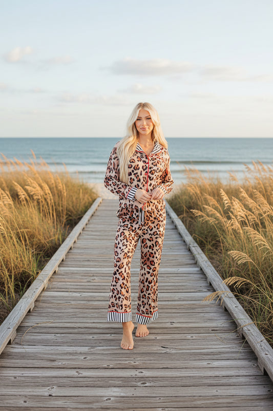 Khaki Leopard Print Colorblock Striped Edge Shirt and Pants Pajama Set