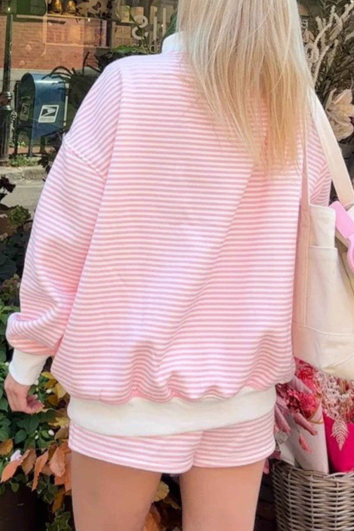 Pink Stripe Colorblock Two Piece Short Set – Oversized Mock Neck Lounge Set