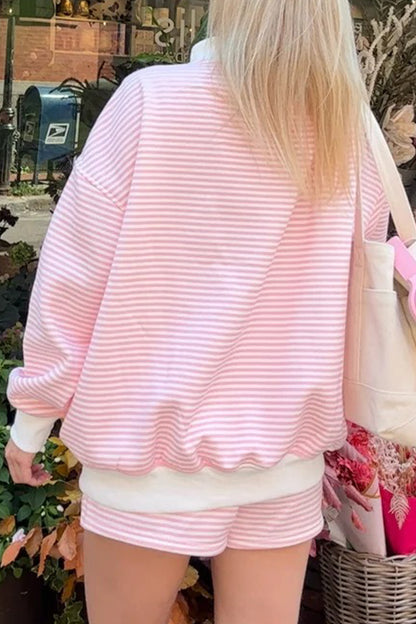 Pink Stripe Colorblock Two Piece Short Set – Oversized Mock Neck Lounge Set