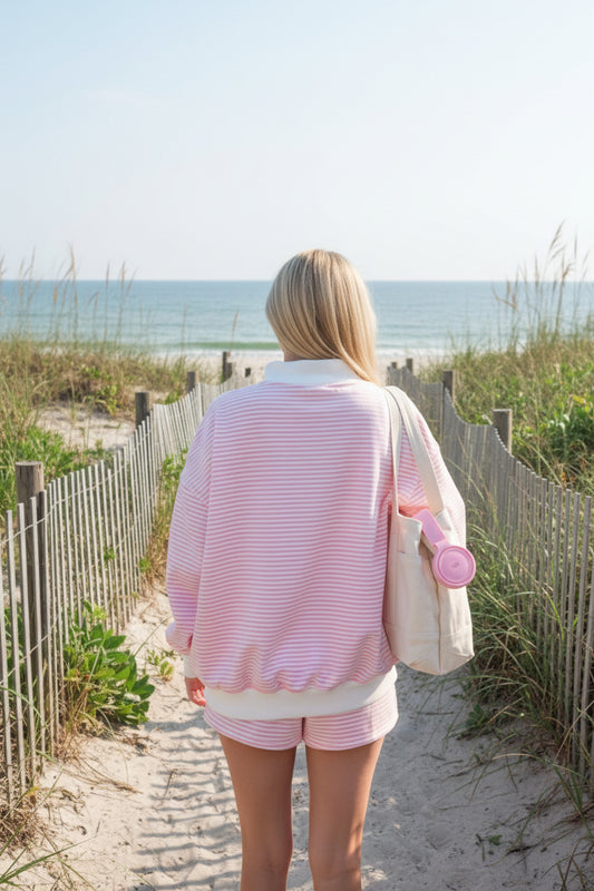 Pink Stripe Colorblock Two Piece Short Set – Oversized Mock Neck Lounge Set