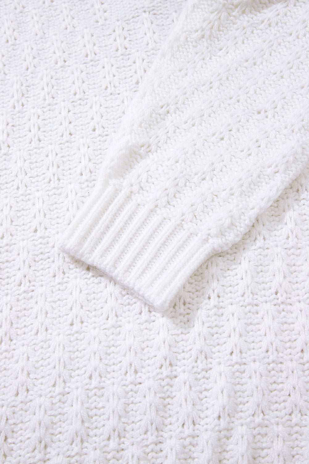 White Textured Knit Ribbed Edge V Neck Loose Sweater