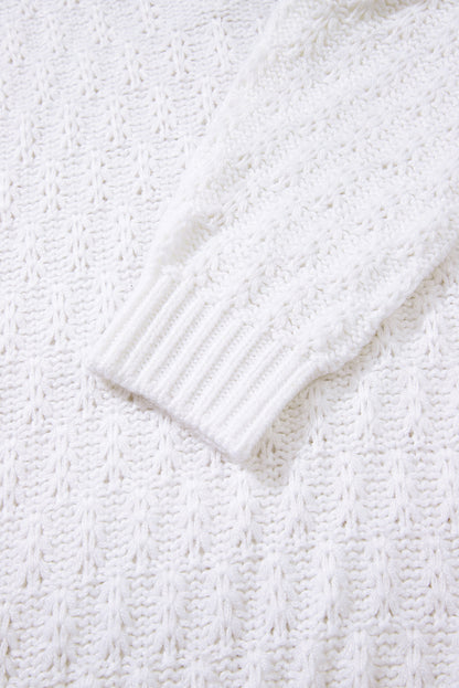 White Textured Knit Ribbed Edge V Neck Loose Sweater