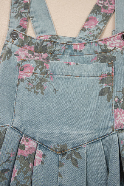 Beau Blue Floral Denim Overalls – Vintage Pleated Jumpsuit