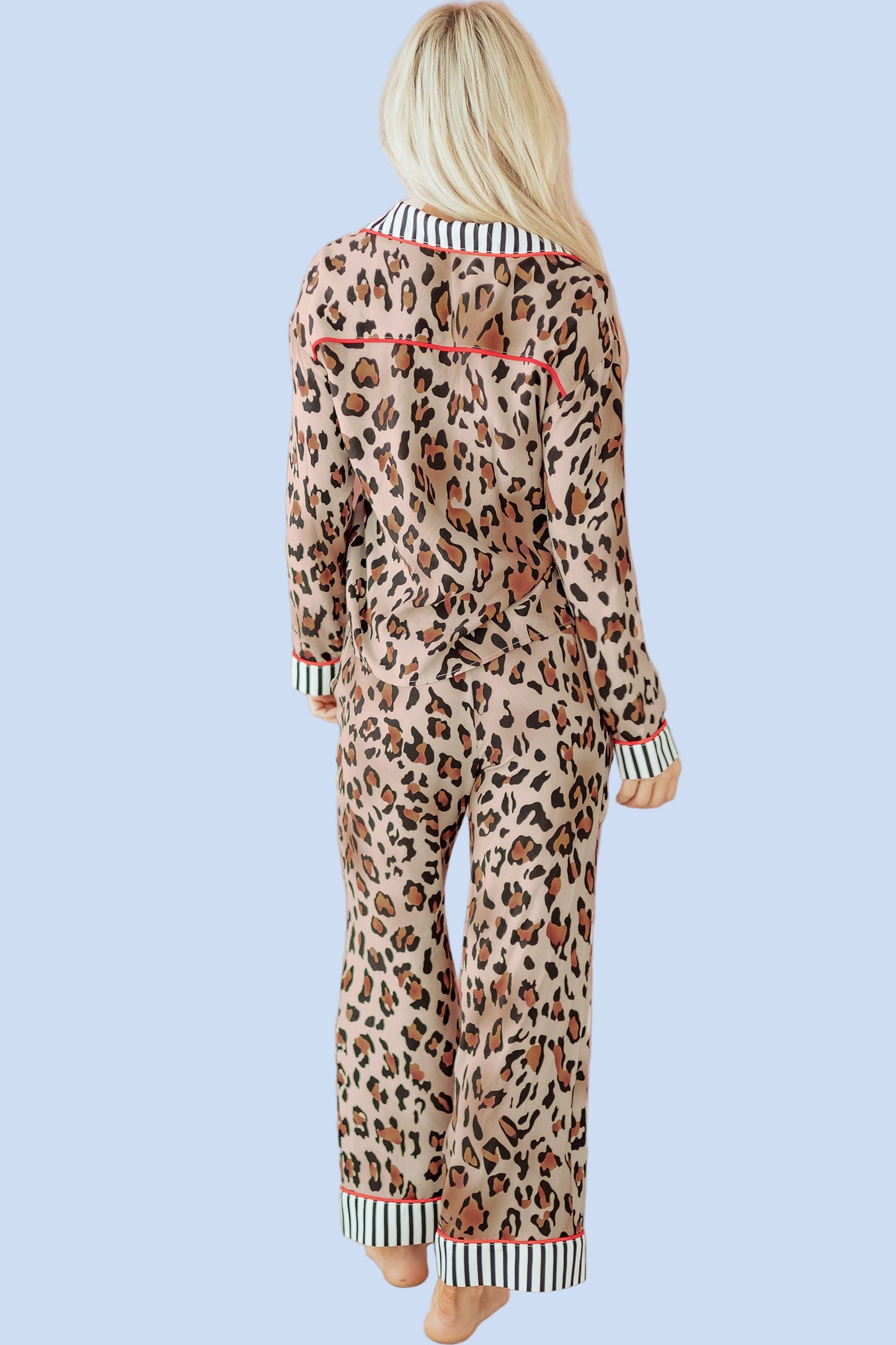 Khaki Leopard Print Colorblock Striped Edge Shirt and Pants Pajama Set