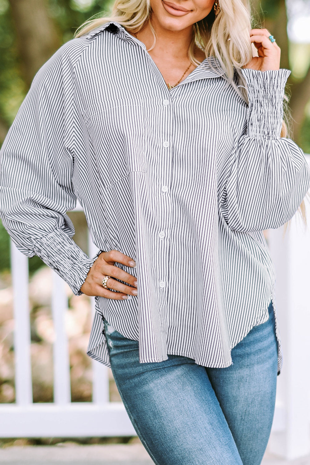 Striped Oversized Button Up Shirt – Smocked Cuff Coastal Top