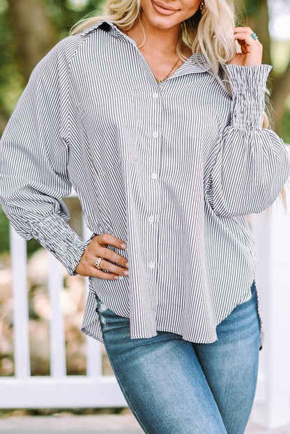 Striped Oversized Button Up Shirt – Smocked Cuff Coastal Top