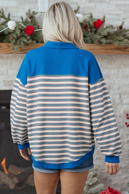 Striped Collared V-Neck Button Top